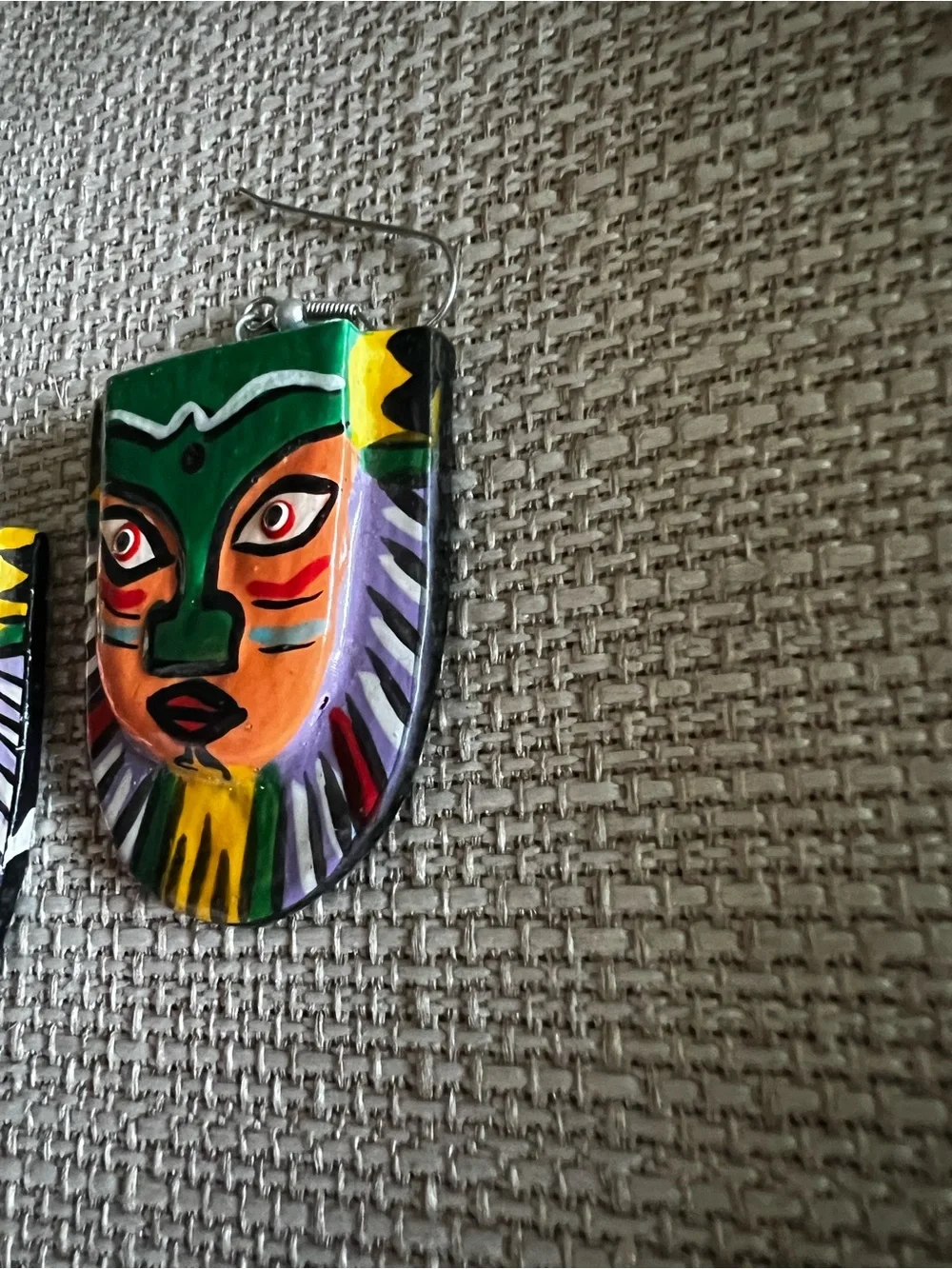 VTG Earrings Colorful Painted Tribal Face Mask Popart Wood Pierced 80s Folk Art